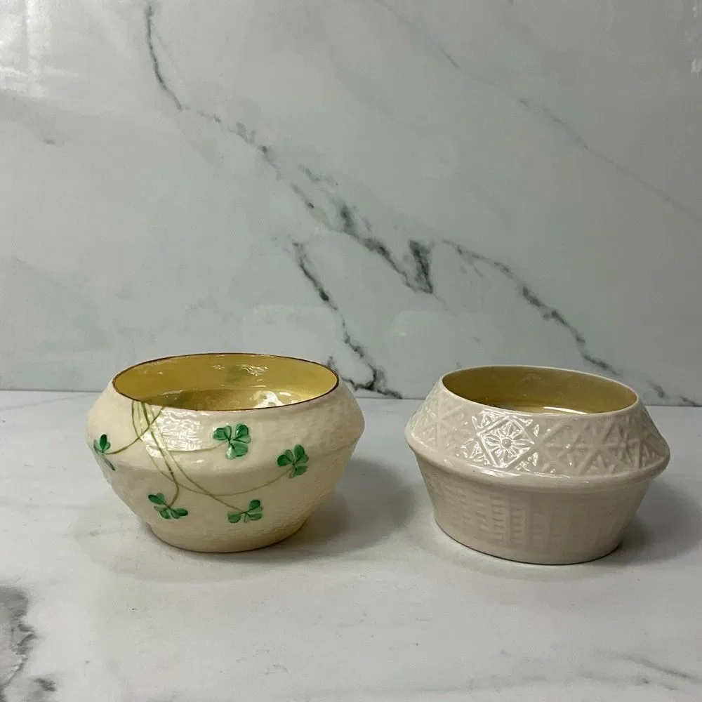 VINTAGE BELLEEK Porcelain Sugar Bowls Shamrock and Basketweave